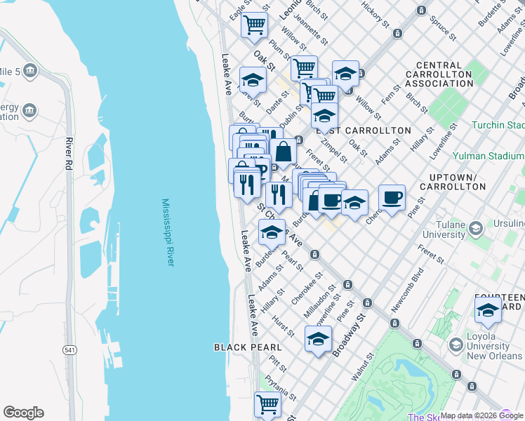 map of restaurants, bars, coffee shops, grocery stores, and more near 501 Huso Street in New Orleans