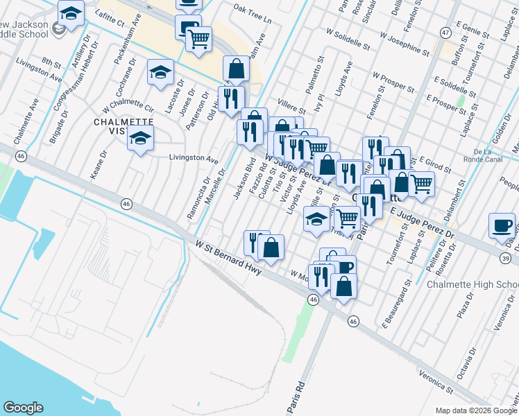 map of restaurants, bars, coffee shops, grocery stores, and more near 2216 Culotta Street in Chalmette