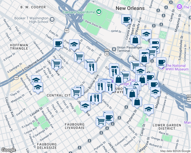 map of restaurants, bars, coffee shops, grocery stores, and more near 822 Perdido Street in New Orleans