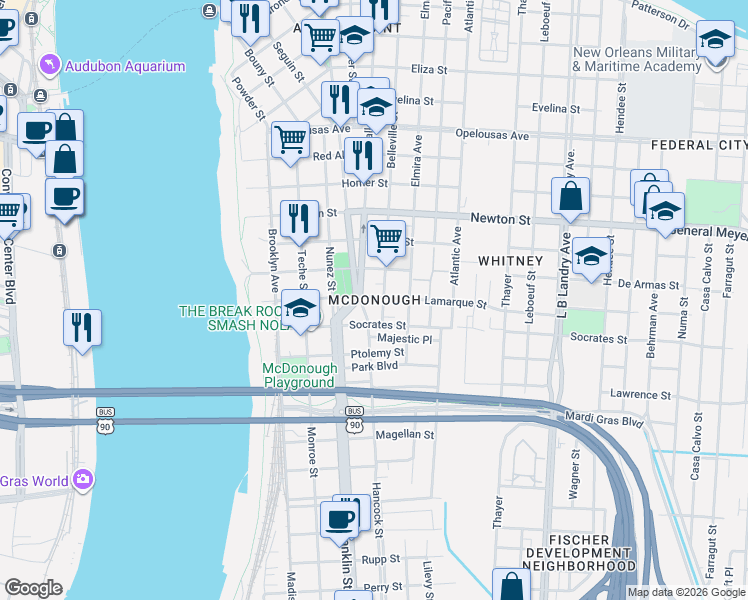 map of restaurants, bars, coffee shops, grocery stores, and more near 532 Socrates Street in New Orleans