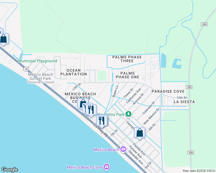 map of restaurants, bars, coffee shops, grocery stores, and more near 1202 Sleepy Hollow in Mexico Beach