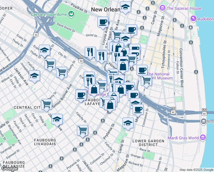 map of restaurants, bars, coffee shops, grocery stores, and more near 1139 Baronne Street in New Orleans
