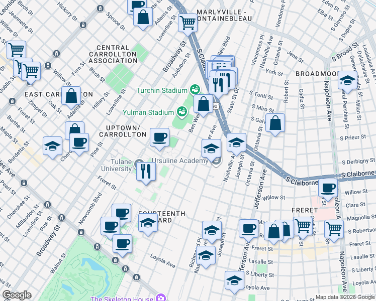 map of restaurants, bars, coffee shops, grocery stores, and more near 2723 Calhoun Street in New Orleans