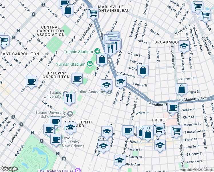 map of restaurants, bars, coffee shops, grocery stores, and more near 2806 State Street in New Orleans