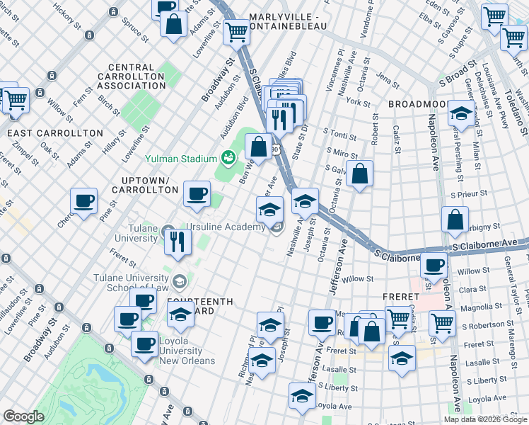 map of restaurants, bars, coffee shops, grocery stores, and more near 2806 State Street in New Orleans