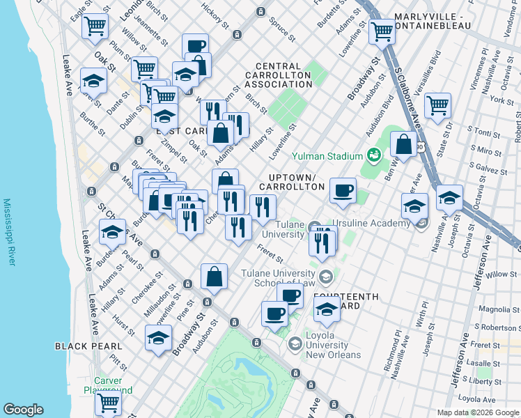 map of restaurants, bars, coffee shops, grocery stores, and more near 1225 Pine Street in New Orleans