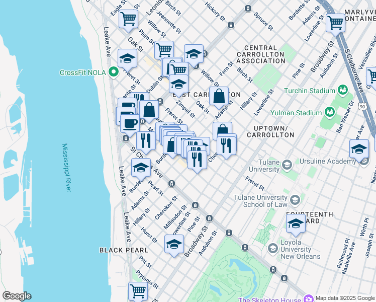 map of restaurants, bars, coffee shops, grocery stores, and more near 7723 Burthe Street in New Orleans