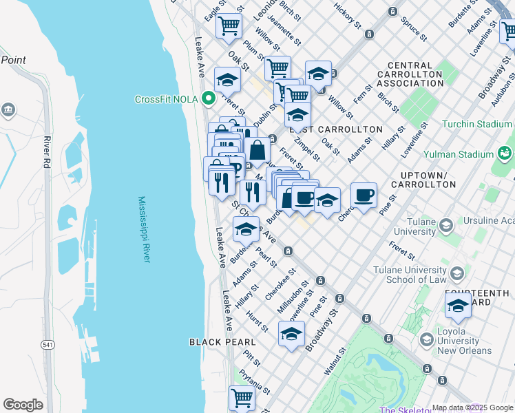 map of restaurants, bars, coffee shops, grocery stores, and more near 7919 Hampson Street in New Orleans