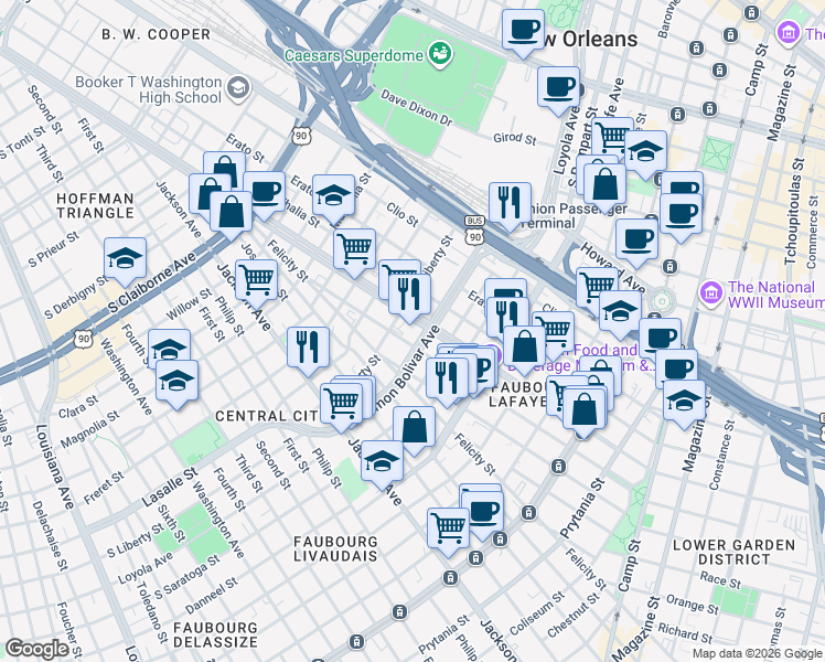 map of restaurants, bars, coffee shops, grocery stores, and more near 1501 Simon Bolivar Avenue in New Orleans