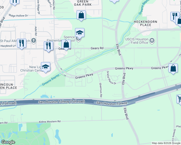 map of restaurants, bars, coffee shops, grocery stores, and more near 1330 Greens Parkway in Houston
