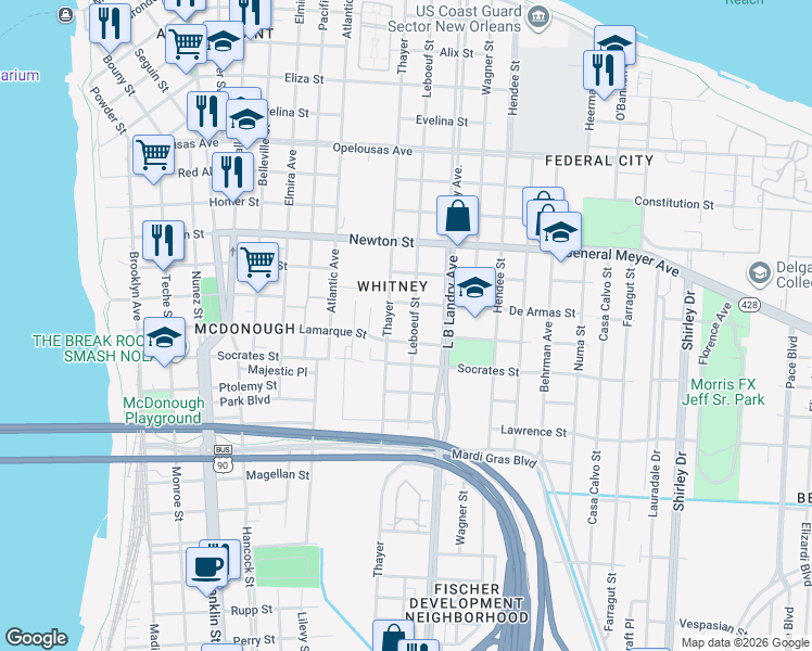 map of restaurants, bars, coffee shops, grocery stores, and more near 1217 Leboeuf Street in New Orleans