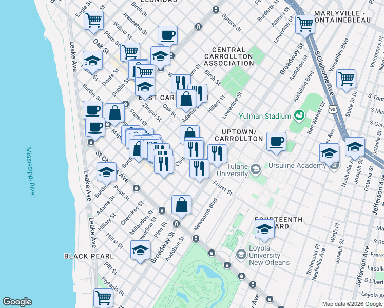 map of restaurants, bars, coffee shops, grocery stores, and more near 7510 Zimple Street in New Orleans