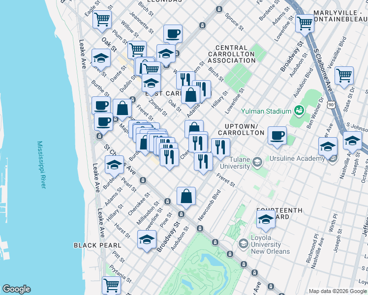 map of restaurants, bars, coffee shops, grocery stores, and more near 7510 Zimple Street in New Orleans