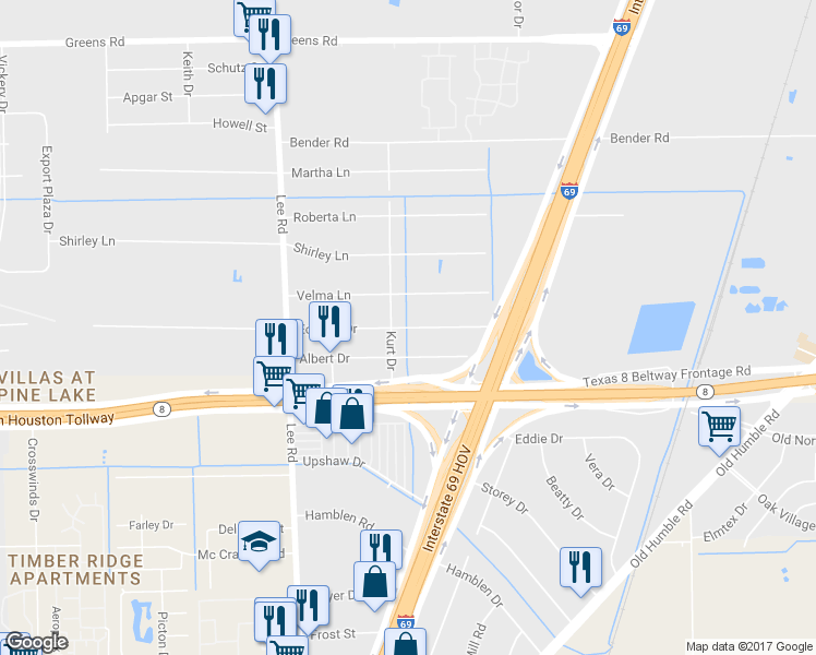 map of restaurants, bars, coffee shops, grocery stores, and more near 6035 Edward Dr in Humble