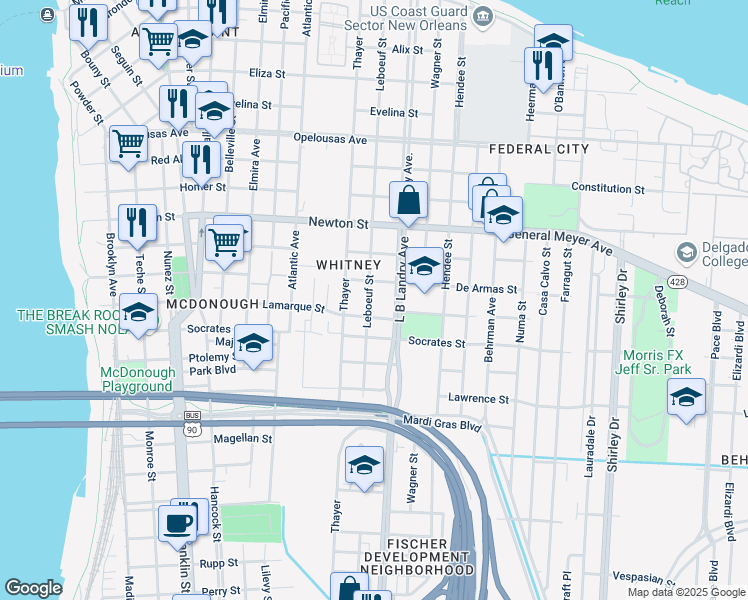 map of restaurants, bars, coffee shops, grocery stores, and more near 1234 Leboeuf Street in New Orleans