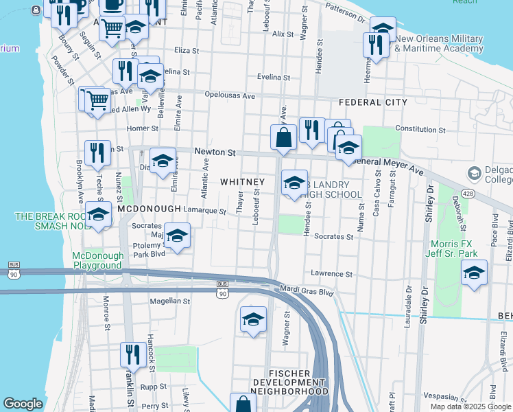 map of restaurants, bars, coffee shops, grocery stores, and more near 1234 Leboeuf Street in New Orleans