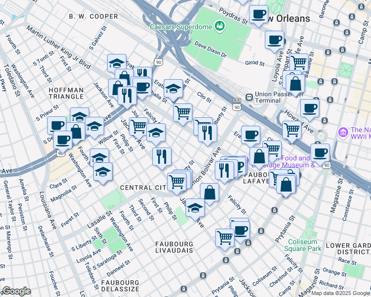 map of restaurants, bars, coffee shops, grocery stores, and more near 1527 Reverend John Raphael Junior Way in New Orleans