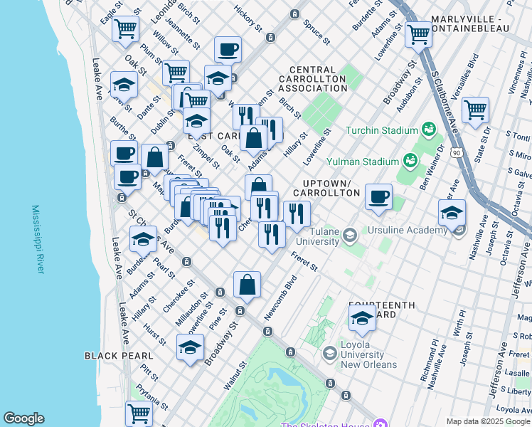 map of restaurants, bars, coffee shops, grocery stores, and more near 7510 Zimple Street in New Orleans