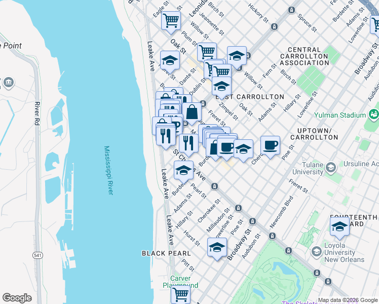 map of restaurants, bars, coffee shops, grocery stores, and more near 7919 Hampson Street in New Orleans