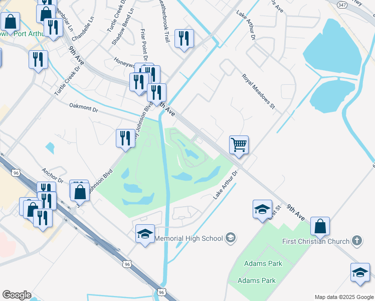 map of restaurants, bars, coffee shops, grocery stores, and more near 7225 9th Avenue in Port Arthur