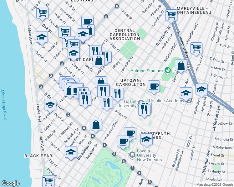 map of restaurants, bars, coffee shops, grocery stores, and more near 1225 Pine Street in New Orleans