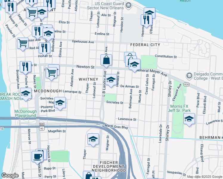 map of restaurants, bars, coffee shops, grocery stores, and more near 1200 L B Landry Avenue in New Orleans