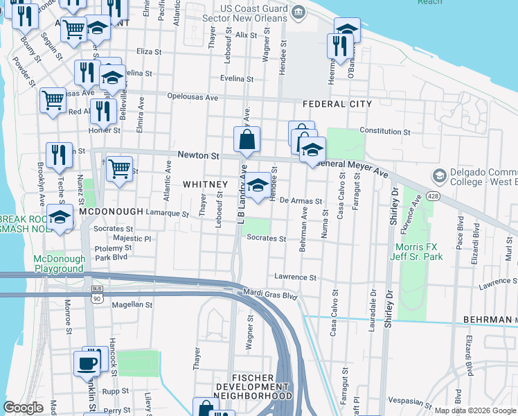 map of restaurants, bars, coffee shops, grocery stores, and more near 1200 L B Landry Avenue in New Orleans