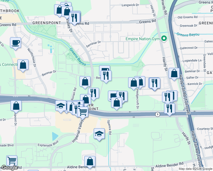 map of restaurants, bars, coffee shops, grocery stores, and more near 440 Benmar Drive in Houston