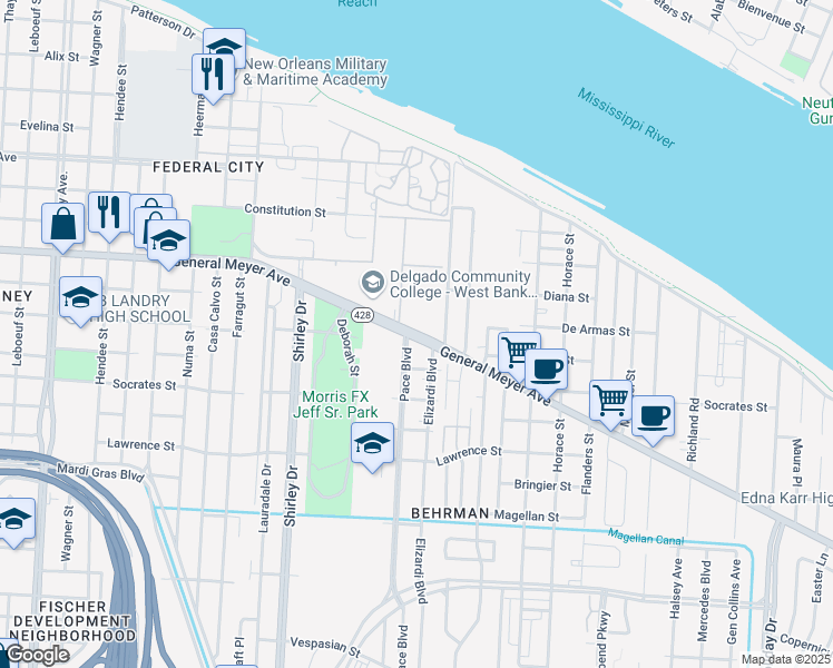 map of restaurants, bars, coffee shops, grocery stores, and more near 2832 General Meyer Avenue in New Orleans