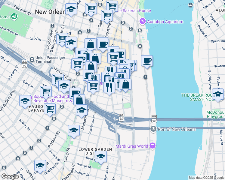 map of restaurants, bars, coffee shops, grocery stores, and more near 350 Saint Joseph Street in New Orleans