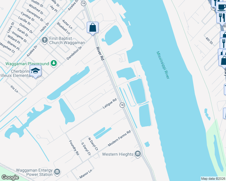 map of restaurants, bars, coffee shops, grocery stores, and more near 8149 River Road in Westwego