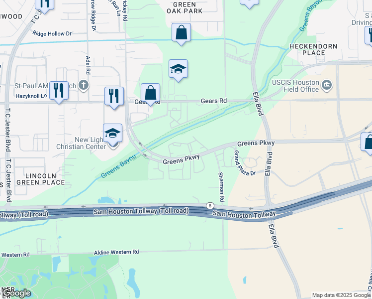 map of restaurants, bars, coffee shops, grocery stores, and more near 1350 Greens Parkway in Houston
