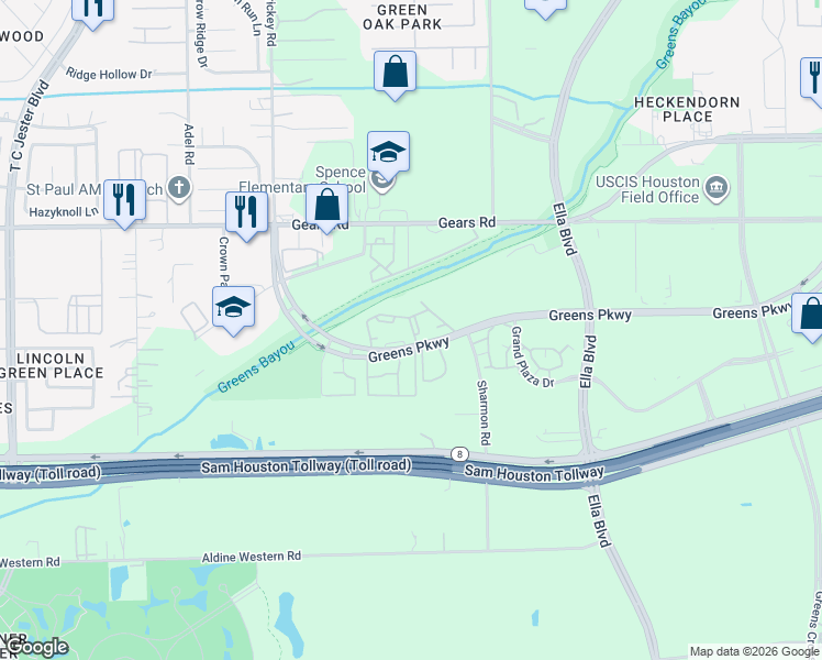 map of restaurants, bars, coffee shops, grocery stores, and more near 1350 Greens Parkway in Houston