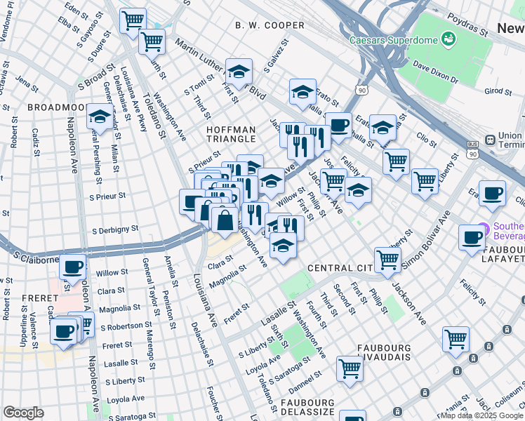 map of restaurants, bars, coffee shops, grocery stores, and more near 2610 South Claiborne Avenue in New Orleans