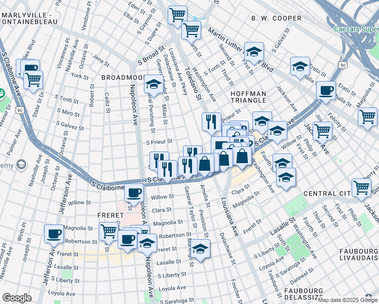 map of restaurants, bars, coffee shops, grocery stores, and more near 3205 Delachaise Street in New Orleans