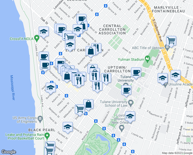 map of restaurants, bars, coffee shops, grocery stores, and more near 1133 Lowerline Street in New Orleans