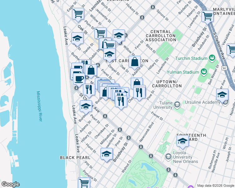 map of restaurants, bars, coffee shops, grocery stores, and more near 7723 Burthe Street in New Orleans