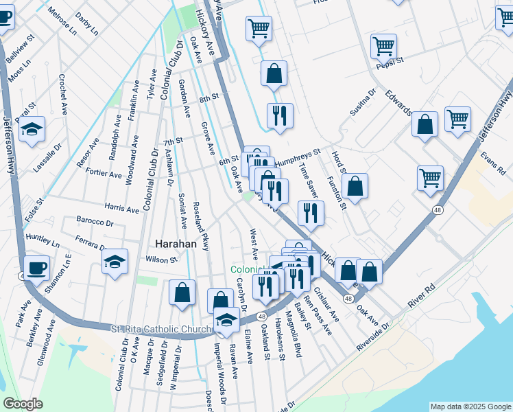 map of restaurants, bars, coffee shops, grocery stores, and more near 470 Hickory Avenue in Harahan