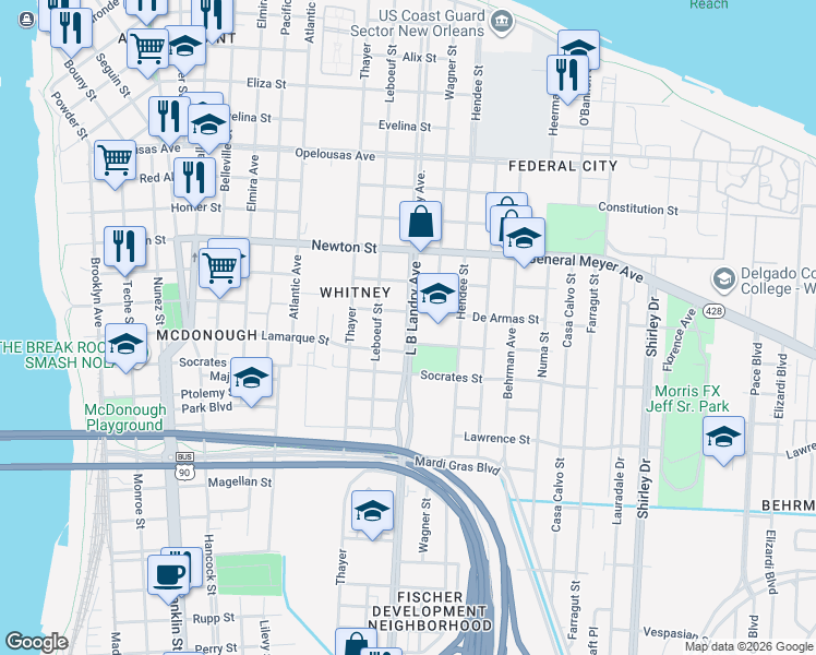 map of restaurants, bars, coffee shops, grocery stores, and more near 1610 De Armas Street in New Orleans