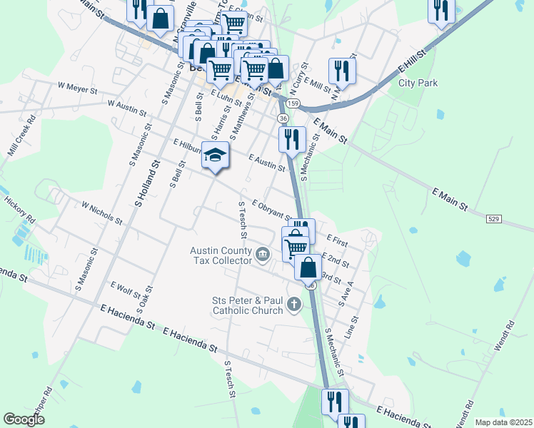 map of restaurants, bars, coffee shops, grocery stores, and more near 718 East Obryant Street in Bellville