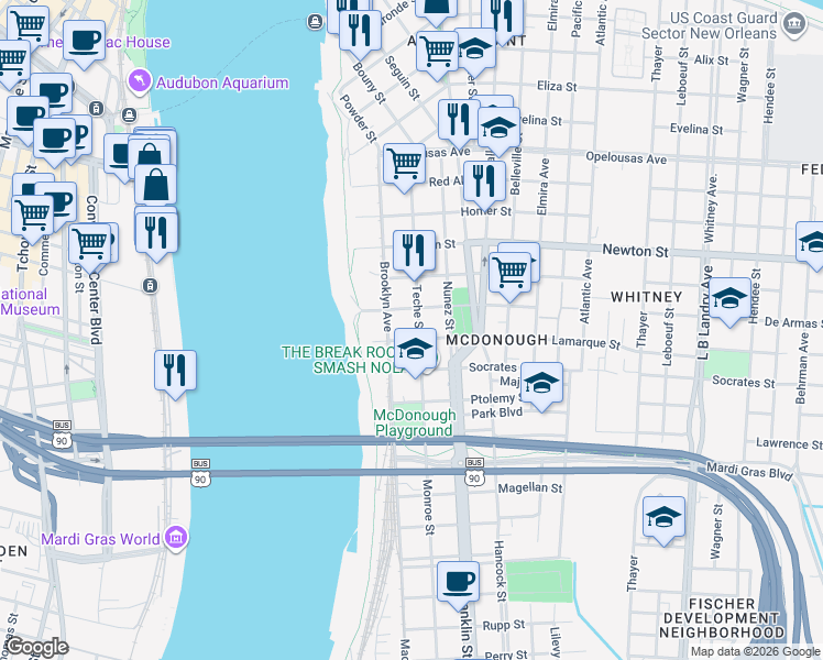 map of restaurants, bars, coffee shops, grocery stores, and more near 321 De Armas Street in New Orleans