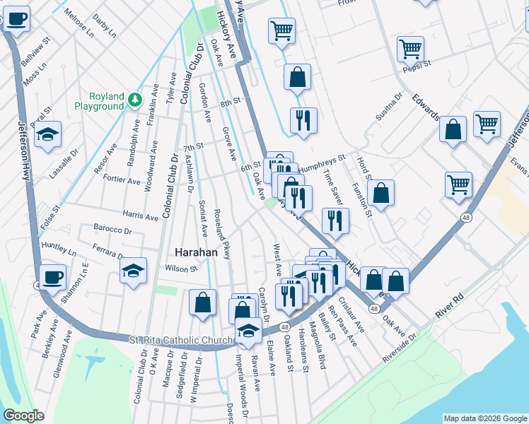 map of restaurants, bars, coffee shops, grocery stores, and more near 511 Grove Avenue in Harahan