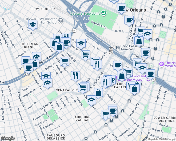 map of restaurants, bars, coffee shops, grocery stores, and more near 1527 Reverend John Raphael Junior Way in New Orleans