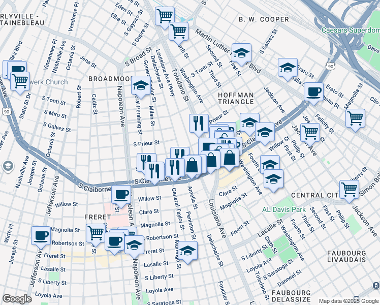 map of restaurants, bars, coffee shops, grocery stores, and more near 3205 Delachaise Street in New Orleans