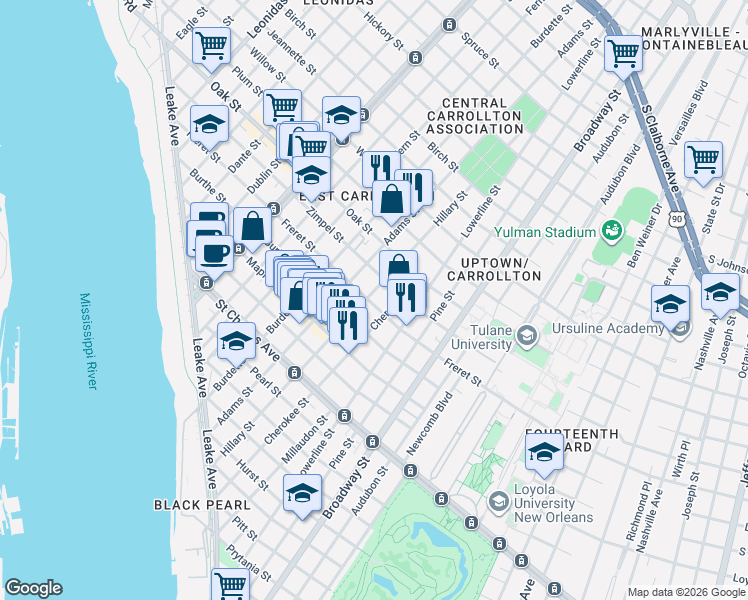 map of restaurants, bars, coffee shops, grocery stores, and more near 7613 Freret Street in New Orleans