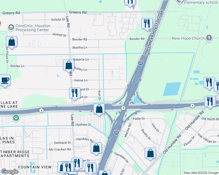 map of restaurants, bars, coffee shops, grocery stores, and more near 6035 Edward Drive in Humble