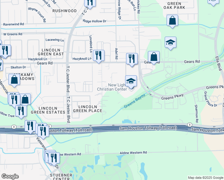 map of restaurants, bars, coffee shops, grocery stores, and more near 1580 Greensmark Drive in Houston