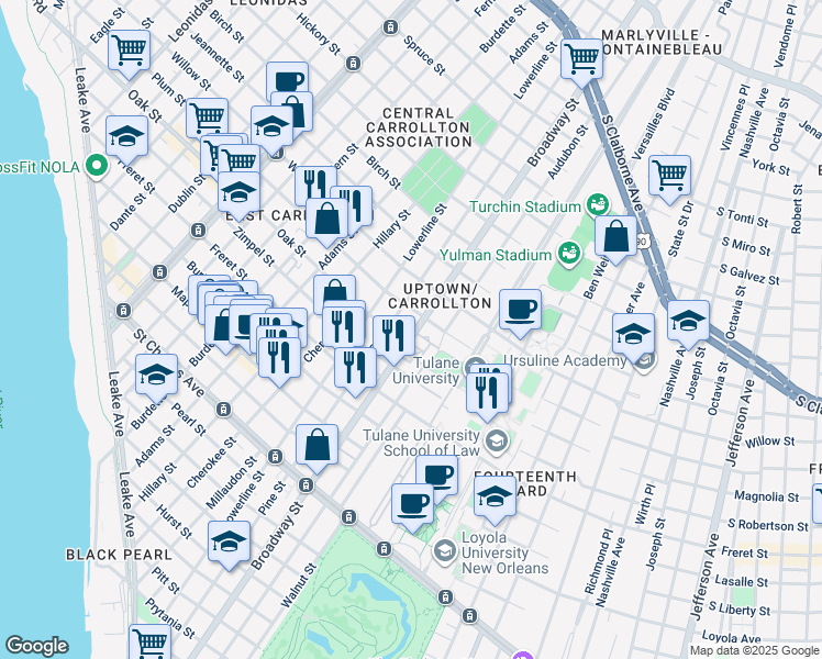 map of restaurants, bars, coffee shops, grocery stores, and more near 1214 Broadway Street in New Orleans