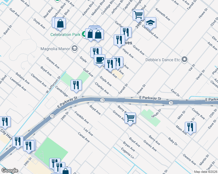 map of restaurants, bars, coffee shops, grocery stores, and more near 3820 Doyle Avenue in Groves