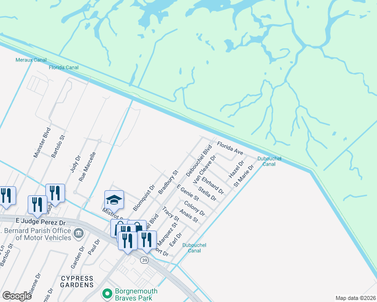 map of restaurants, bars, coffee shops, grocery stores, and more near 3400 Bradbury Street in Meraux